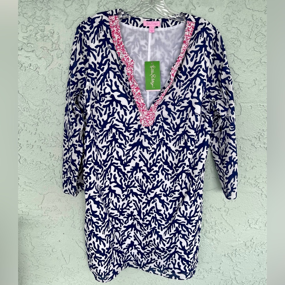 Lilly Pulitzer Navy and White Tunic Dress w/ contrasting coral neckline beading
